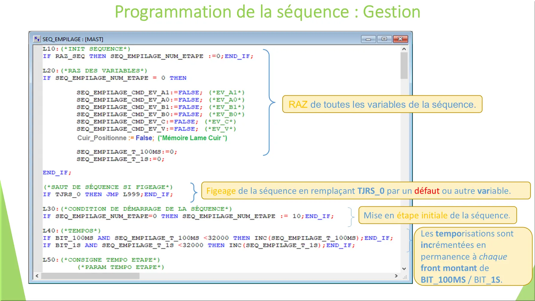 Programmation de la séquence : Gestion